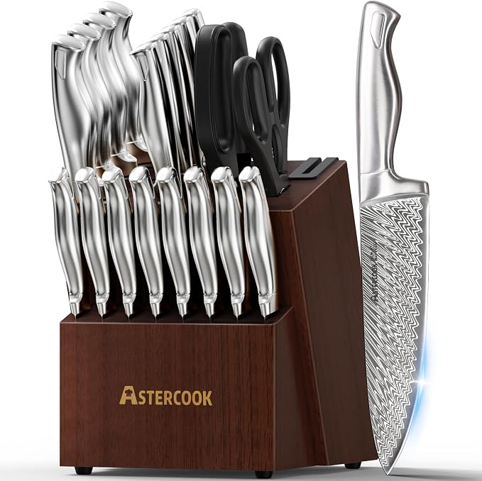 Knife Set, Astercook 21 Pieces Kitchen Knife Set with Built-in Sharpener, German Stainless Steel Knife Block Set, Razor-Sharp Knives with Full-tang Handle, Dishwasher Safe Kitchen Utensils Set