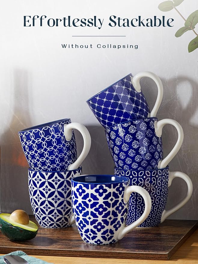 DOWAN Coffee Mugs Set of 6, 16 oz Large Porcelain Coffee Cups with Handle for Coffee Tea and Cocoa, Ceramic Coffee Mug for Women Men, Housewarming Wedding Gift, Vintage Blue
