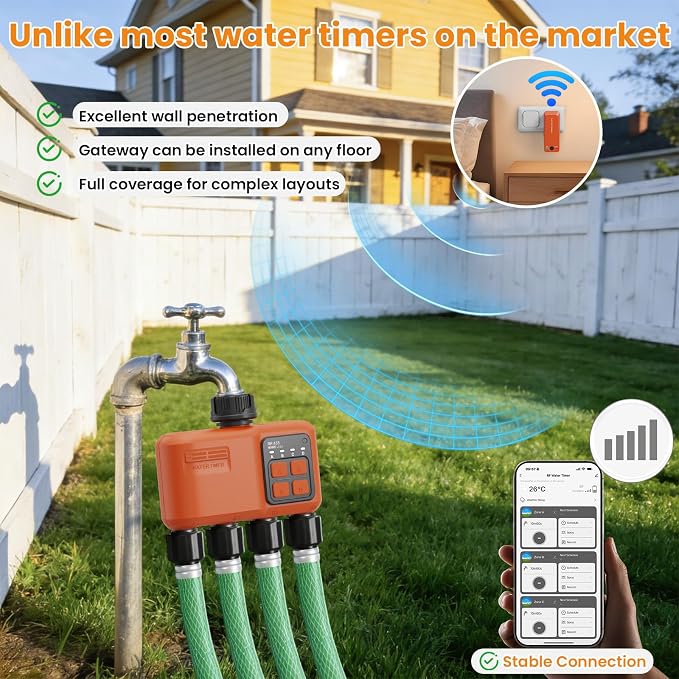 Smart WiFi Sprinkler Timer 4 Zone,WiFi Water Timer for Garden Hose with 984 FT Range,APP & Remote Control,Alexa & Google Voice Compatible,Rain Delay, Manual Mode Sprinkler System