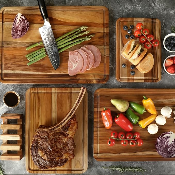 4 Pack Teak Cutting Board Wood Wooden Cutting Boards For Kitchen | Set of 4, Premium Solid Thick, FSC Certified Teak Wood, Natural Non-toxic, Anti-slip Feet, Ideal Gift Ideal Gift