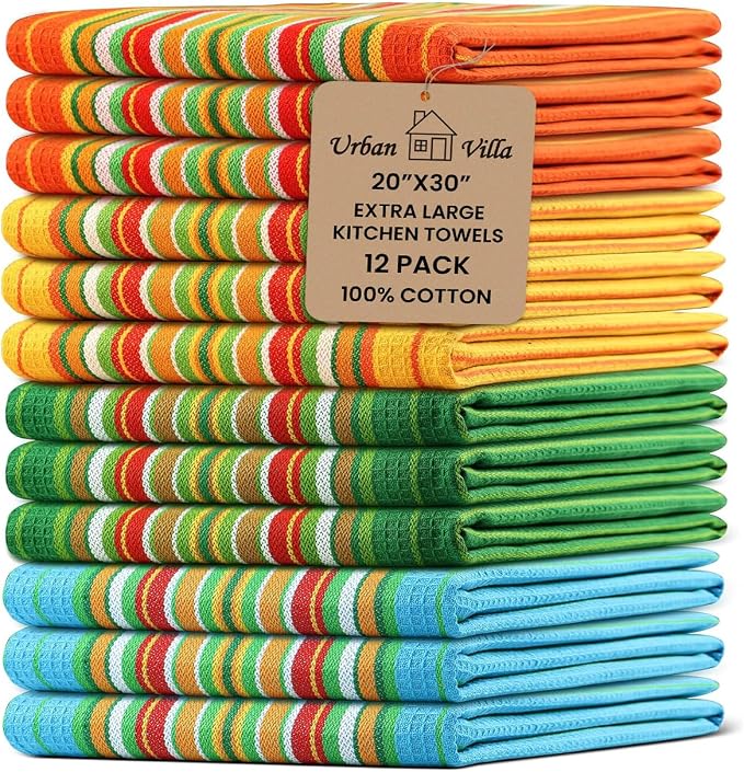 Urban Villa Kitchen Towels 100% Cotton Dish Towels for Kitchen(Set of 12)20”x30” Dish Cloths Highly Absorbent Kitchen Linen Set with Hanging Loop Perfect for Drying Dishes Cleaning Towels -Multi Color