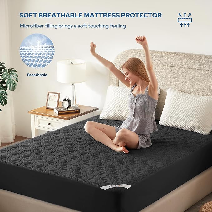 BEDLORE Waterproof Mattress Protector, RV Queen Size Mattress Pad Noiseless with Deep Pocket 6"-18" Depth, Soft Breathable Dirt-Proof Bed Mattress Cover Washable (Black)