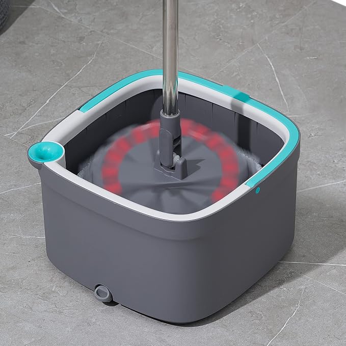 Spin Mop and Bucket with Separate Compartments for Clean and Dirty Water NEW 2025 Upgraded Version w/Side Brush and Self Standing Handle, Smart Square Mop w/ 2 Machine Washable Microfiber Pads, Gray