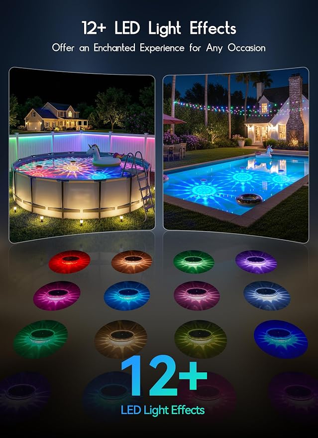 Solar Floating Pool Lights 1 Pack, Remote Control RGBWW 12 Lighting Modes | 3 Dimming & Timing IP68 Waterproof, Floating Solar Pool Lights for Above Ground Pools Inground Pool Accessories
