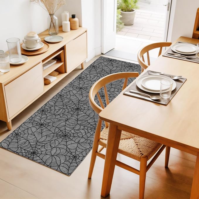 Hallway Runner Rug 2'x6', Grey Halloween Washable Bathroom Area Rugs for Kitchen Bedroom Laundry, Black Spiders Net Classic Gingham Non Slip Door Mat Indoor Entrance Floor Throw Bedsides Carpet