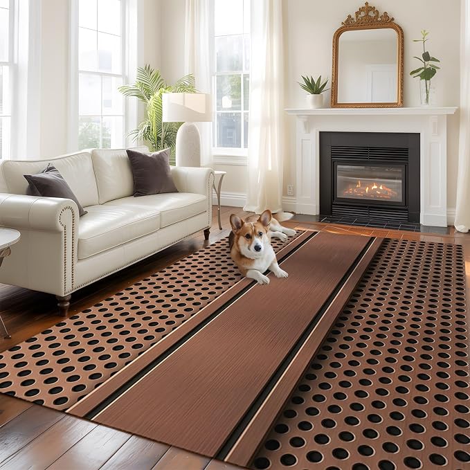 8 x 10 Ft Large Area Rug for Living Room, Brown Metal Hole Indoor Accent Rugs for Bedroom, Copper Net Eye Hole Pattern Decorative Modern Carpet Washable Low Pile Non Slip Rug for Dining Room
