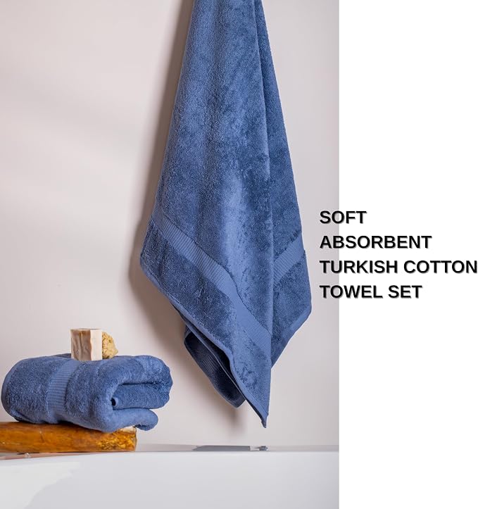 SALBAKOS 100% Turkish Cotton Bathroom Towel Set of 6-Piece, Blue | 630 Gsm Thick Super Soft Highly Absorbent 2 Bath + 2 Hand + 2 Washcloth Towels Sets, Giftable, Hotel Quality, Made in Turkey