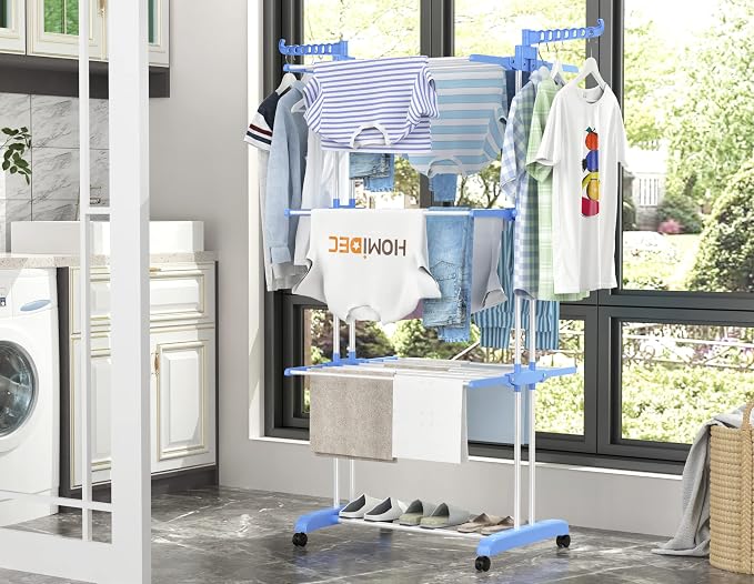 HOMIDEC Clothes Drying Rack, Large 4-Tier Foldable Drying Rack Clothing (67.7H x 19.7W x 30L Inches), Movable with 4 Castors. Multifunctional Stainless Steel Laundry Drying Rack, Blue