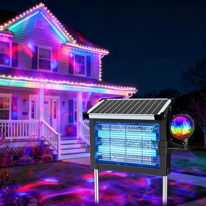 OnBeam Solar Bug Zapper Outdoor with Projector Lights, Mosquito Zapper Waterproof Electric Fly Zapper Rechargeable with 10W Solar Panel, 4500V Cordless Fly Trap for Backyard, Patio, Garden, Camping