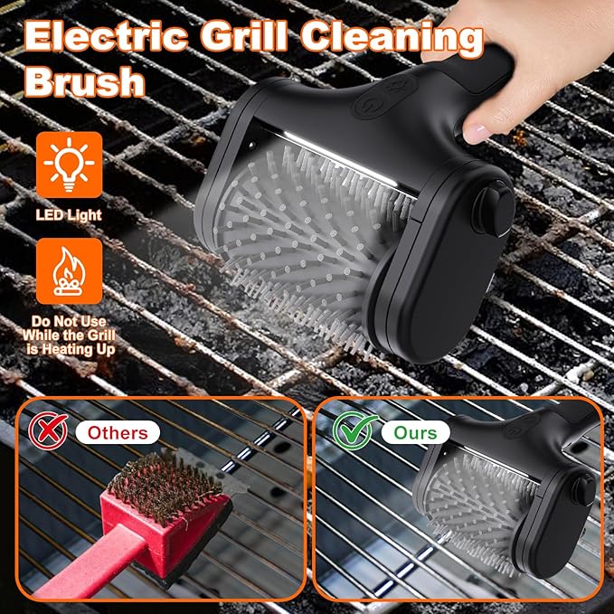 Electric Grill Brush for Outdoor Grill,2600mAh Rechargeable Electric Grill Cleaner with 2-Speed(Max 1000RPM)，2 Replacement Heads and LED Light for Outdoor/Camping BBQ Grates Cleaning Tool (Black)