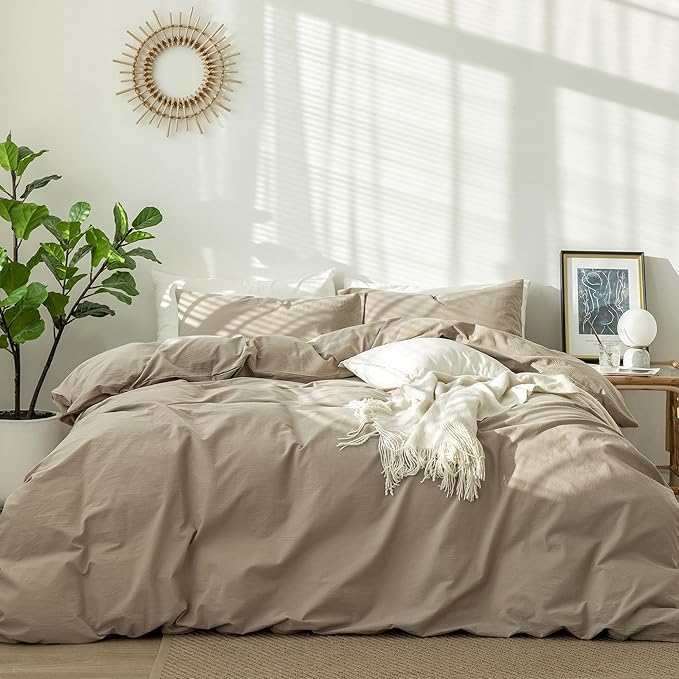 MooMee Duvet Cover Set 100% Washed Cotton Linen Like Queen | Relaxed Linen-like Texture. Soft, Breathable & Long-lasting Comfort. Lightweight. Hidden Zipper with 8 Interior Corner Ties