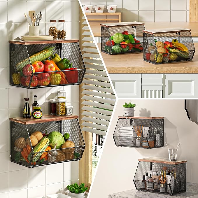 Stackable Fruit Basket for Kitchen Countertop Space Saving, Wall Mounted Mesh Metal Wire Baskets with Wood Lid Extra Storage, 2 Pack Kitchen Counter Organizer for Snack, Onion and Potato Storage
