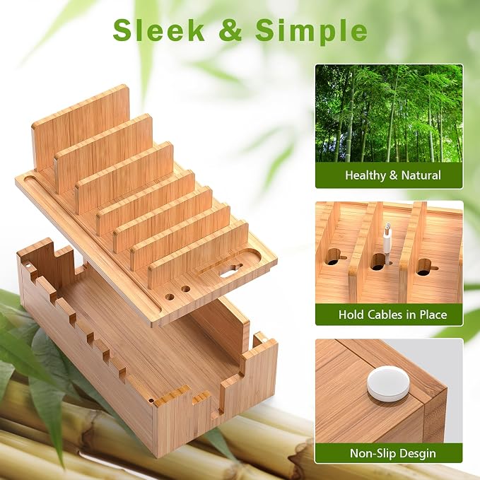 Pezin & Hulin Bamboo Charging Station for Multiple Devices with 5 Port USB Charger, 5 Cables and Watch Stand. Wood Desktop Docking Stations Organizer for Cell Phone, Tablet, Watch, Office Accessories | All-in-One, 5-Port USB HUB Included, 8-Device Orga...