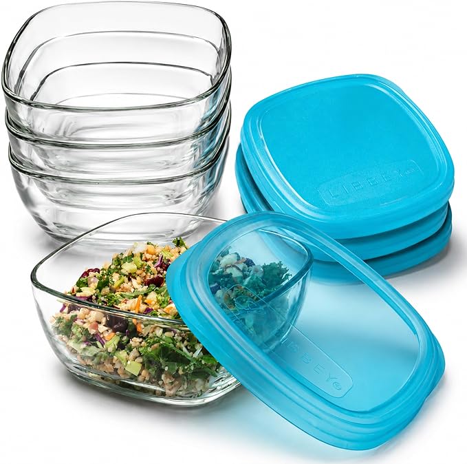 Libbey Serve It Glass Storage Bowls Set of 8 Stackable 6-Cup Food Storage Containers with Sung Fit Lids, Glass Bowls Set for Snacks, Leftover or Meal Prep