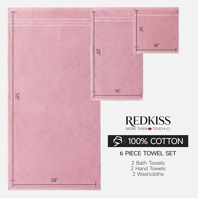 REDKISS Pink Towels Set 6 Piece Cotton Towel Sets with 2 Bath Towels, 2 Hand, 2 Washcloths, 650GSM Hotel Quality, Soft, Highly Absorbent Towels for Bathroom Gym, Ideal Everyday Use