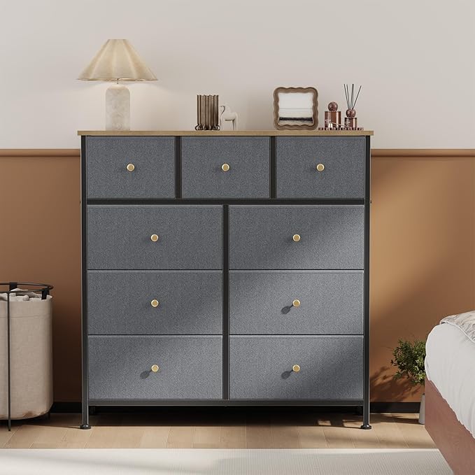 OLIXIS 9 Drawer Storage Dresser with Wood Top - Wide Fabric Chest Organizer for Bedroom, Closet, Living Room,Tower Cabinet, TV Stand, Hallway Entryway Furniture,Gray Blue