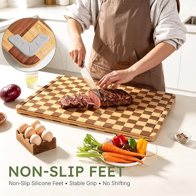 24”Extra Large Bamboo Cutting Boards for Kitchen Wooden Checkered Cutting Board Heavy Duty Butcher Block Healthy End Grain Charcuterie Board Non Slip XXXL Wood Over Sink Decorative Chopping Board