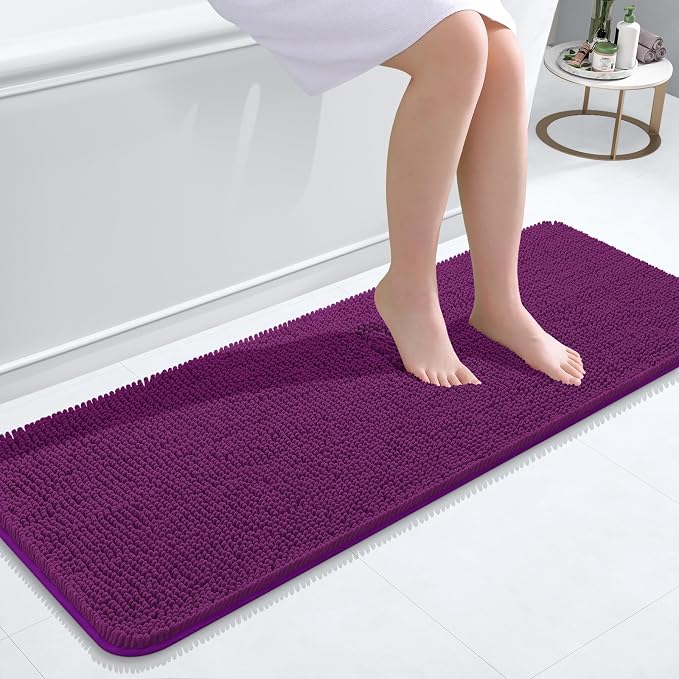 OLANLY Bathroom Runner Rugs 47x17, Extra Soft Absorbent Chenille Bath Rugs, Rubber Backing Quick Dry, Machine Washable Long Bath Mats for Bathroom Floor, Tub and Shower, Home Decor Accessories, Purple