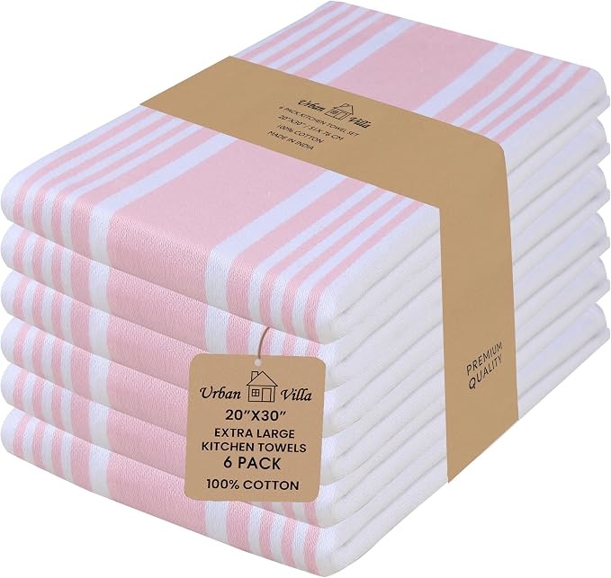 Urban Villa Easter Kitchen Towels 100% Cotton Dish Towels for Kitchen (Set of 6)20”x30” Dish Cloths Highly Absorbent Kitchen Linen Set with Hanging Loop Perfect for Drying Dishes Cleaning Towels-Pink