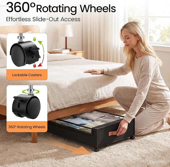 Yecaye 70L Large Under Bed Storage Containers with Wheels, 2 Pack, Black | Larger Capacity, 360° Rolling Wheels, Clear Window & Label, Sturdy Fabric, Rolling Metal Drawers for Clothes, Shoes, Blankets