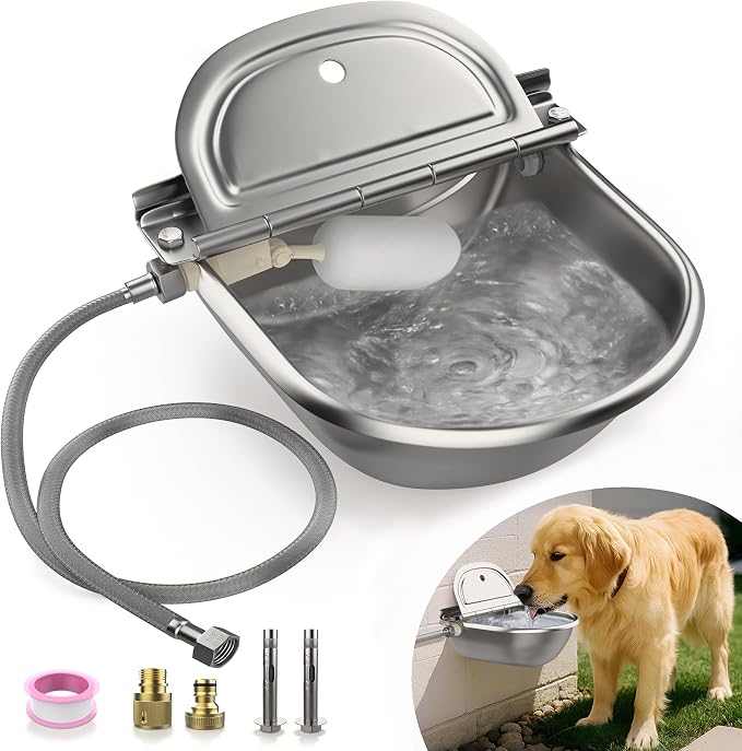 Automatic Animal Drinking Water Bowl with 2 Float Valves-304 Stainless Steel Automatic Water Dispenser for Dogs & Farm Animals, Auto-Refill, Leakproof Drain Hole, Extra Long 100cm Hose