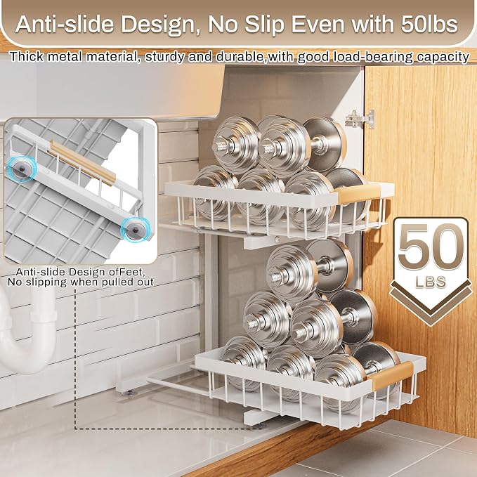 ADBIU Under Sink Organizer 2 Pack, Adjustable Height (11"-15.75") Under Cabinet Storage, 2 Tier Pull Out Sliding Drawers for Kitchen Bathroom, Heavy Duty Metal Shelf, White