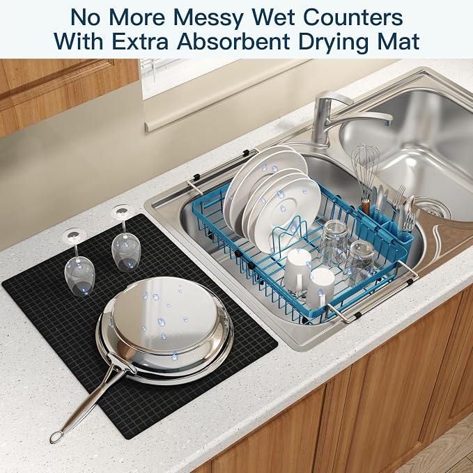 Blue Dish Drying Rack Over The Sink with Utensil Holder, Mat | Expandable Stainless Steel Dish Drainer for Small Kitchen, Apartment, RV, Counter Space Saving, Perfect Fit, Rustproof