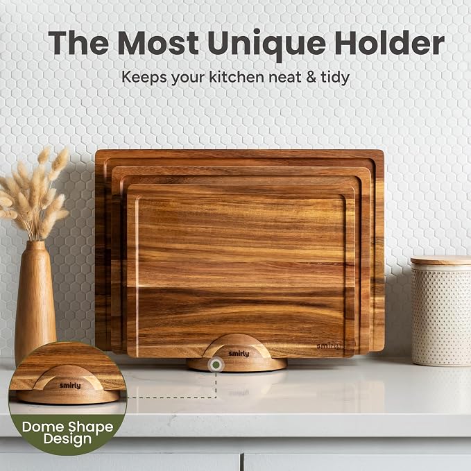 SMIRLY Cutting Boards for Kitchen, 3 Piece Acacia Cutting Board with Stand | Non Toxic Cutting Board with Juice Grooves and Handles, Multiple Sizes Wood Chopping Board for Meat Vegetable Charcuterie