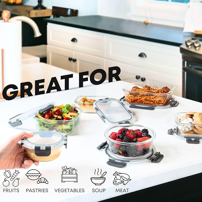 Razab 30 PC Glass Food Storage Containers with Lids - Reusable Glass Meal Prep Containers for Lunch and Leftovers - Airtight & Leakproof Snap Locking Lids - Oven, Freezer, Microwave & Dishwasher Safe