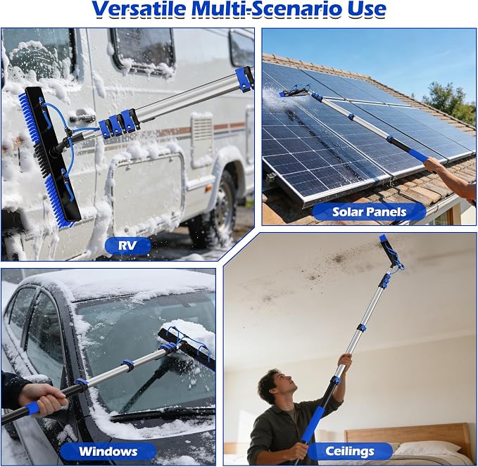 30 FT Reach Solar Panel Cleaning Brush Kit with 5-24 FT Telescopic Extension Pole, Water Fed Pole with Dual Action Flip-Lock & Screw Fixing Design, Ideal for Snow Removal, Windows, Boats, RVs