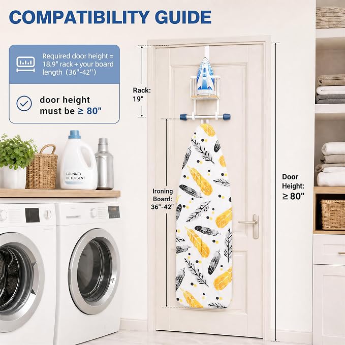 ORLESS Ironing Board Hanger Over Door & Wall Mount, White | 2 in 1 Heavy Duty Iron Board Holder with Storage Basket, Fits T/Y Boards, Laundry Room Space Saver