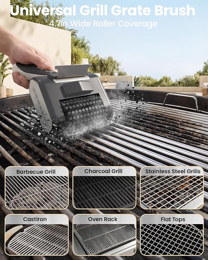 Electric Grill Brush for Outdoor Grill, Cordless BBQ Cleaner with LED Light, Scraper, Dishwasher‑Safe Bristles, 4000 mAh Battery, Rechargeable Power Grill Scrubber (Silver)