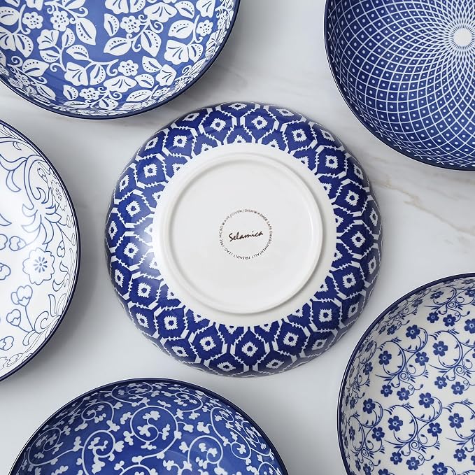 Selamica Ceramic Pasta Bowls Set 34 OZ, Large Salad Bowls 8.6 Inch Dinner Bowls for Kitchen, Wide Shallow Bowls Deep Plates for Pasta Soup, Microwave & Dishwasher Safe, Set of 6, Vintage Blue