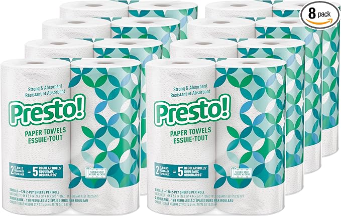 Amazon Brand - Presto! Flex-a-Size Kitchen Paper Towels, Strong and Absorbent, 128 Sheet Family Roll, 16 Rolls (8 Packs of 2)