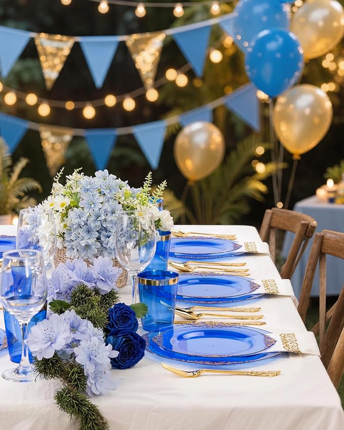 Nervure 350PCS Blue Plastic Plates - Blue Plastic Dinnerware Sets for 50 Guests - 100 Disposable Plates, 150 Gold Silverware, 50 Cups, 50 Napkins for Wedding & Party