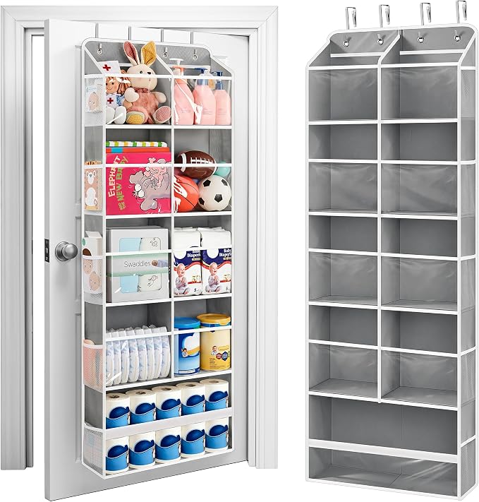 JARLINK Over the Door Organizer, Extra Large Storage for Bedroom, Grey | Anti-Tilt 100 lb Load Capacity, Hanging Door Organizer with 5 10 Mesh Pockets, Behind Door Storage for Bathroom, Nursery
