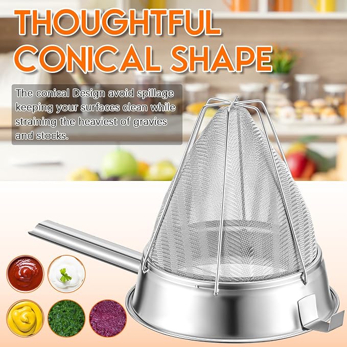 SiliFine 10 Inch Stainless Steel Reinforced Bouillon Sieve Strainer Cone Fine Mesh Strainer with Handle and Rubber Pestle for Kitchen Food Cooking