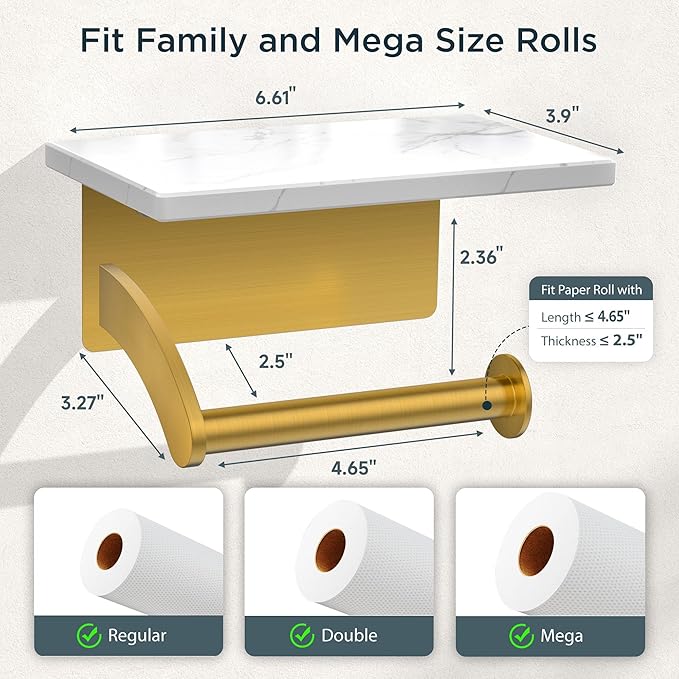 FORIOUS Toilet Paper Holder with Phone Shelf, Natural Marble Wall Mount Tissue Roll Holder for Bathroom, Washroom, 304 Stainless Steel Commercial Toilet Tissue Dispensers with Shelf, Brushed Gold