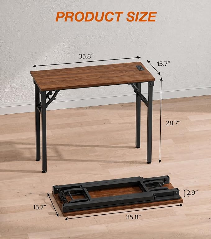 XBurmo Small Folding Desk Folding Table, No Assembly Foldable Desk Gaming Desk, 35.8-Inch Computer Table Workstation with 2 AC Outlets and 2 USB Ports for Bedroom and Home Office, Dark Walnut