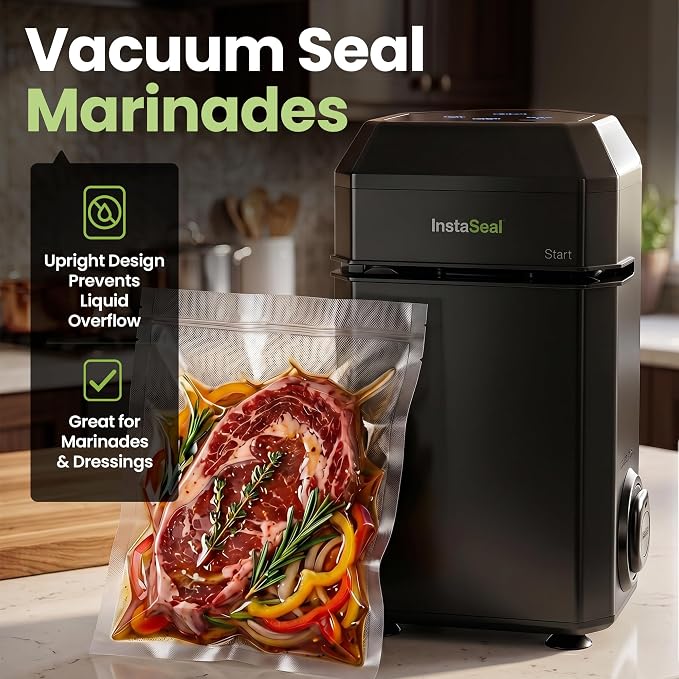 InstaSeal Vacuum Sealer for Food with 12 Bags | Preserves Foods 5x Longer, Space Saving Compact Upright Design Allows Machine to Heat Seal Marinades, Meats, Marinades