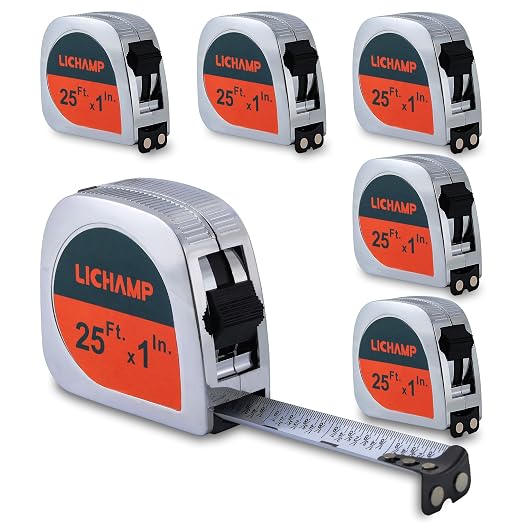 Lichamp 6 Pack Tape Measure 25 ft Magnetic, 1-Inch Wide Measuring Tape | Easy-read fractional markings, heavy-duty, retractable, for construction and DIY