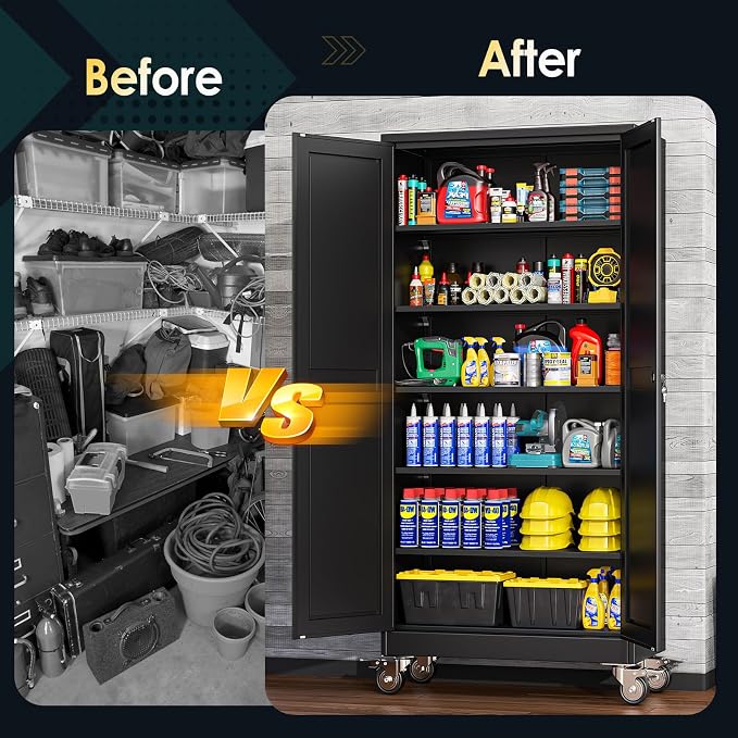 PAOFIN Metal Garage Storage Cabinet with Wheels,Steel Lockable File Cabinets with 2 Doors and 5 Adjustable Shelves,74" H Locking Tool Cabinets for Home Office, Warehouse, Required Assembly,Black