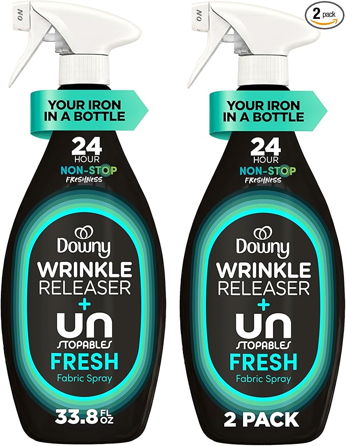 Downy Wrinkle Releaser Spray, All In One Wrinkle Release Spray, Odor Eliminator, Static Remover, Fabric Refresher & Ironing Aid for Clothes, 33.8 Fl Oz (Pack of 2), Unstopables Fresh Scent