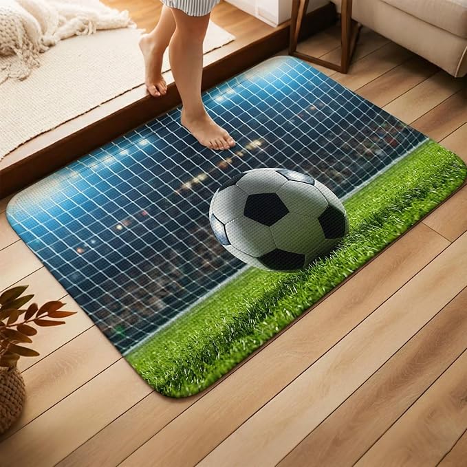 Front Door Mat Indoor Outdoor 19.7"x31.5", Football Absorbent Non Slip Welcome Mat, Soccer Ball Sports Net Mesh Evening Match Low Profile Entryway Rug for Front Entrance Porch Back Door Patio