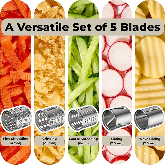 5-in-1 Stainless Steel Slicer Shredder Attachment Compatible with KitchenAid Stand Mixers, Cheese Grater Attachment, Vegetable Shredder, Salad Maker with 5 Cutting Blades, Dishwasher Safe