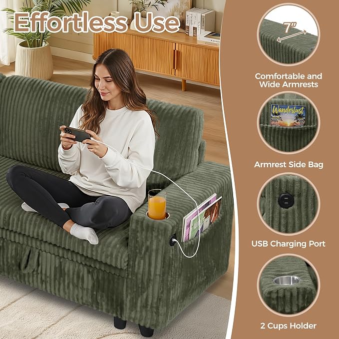 106 in L-Shaped Sectional Sleeper Sofa Couch for Living Room, Green | Pull Out Bed, 7 Seat Modular Design, Hidden Storage Space, USB Charging, Cup Holders, Soft Corduroy Fabric, Easy Assembly