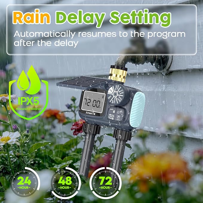 Solar Sprinkler Timer,Brass Inlet Hose Timer for Garden Hose,Programmable Water Timers,Plant Watering Devices,Garden Watering System, Rain Delay/Manual/Automatic Irrigation System, 2 Outlet