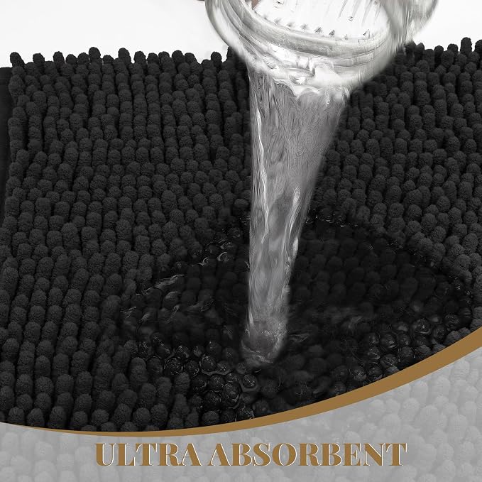 Bathroom Rugs Mat 48 x 24, Thick Soft Absorbent Chenille Bath Rugs, Rubber Backing Bath Mats for Bathroom Floor, Tub, Shower, Bedroom, Home Decor Accessories, Quick Dry Machine Washable, Black