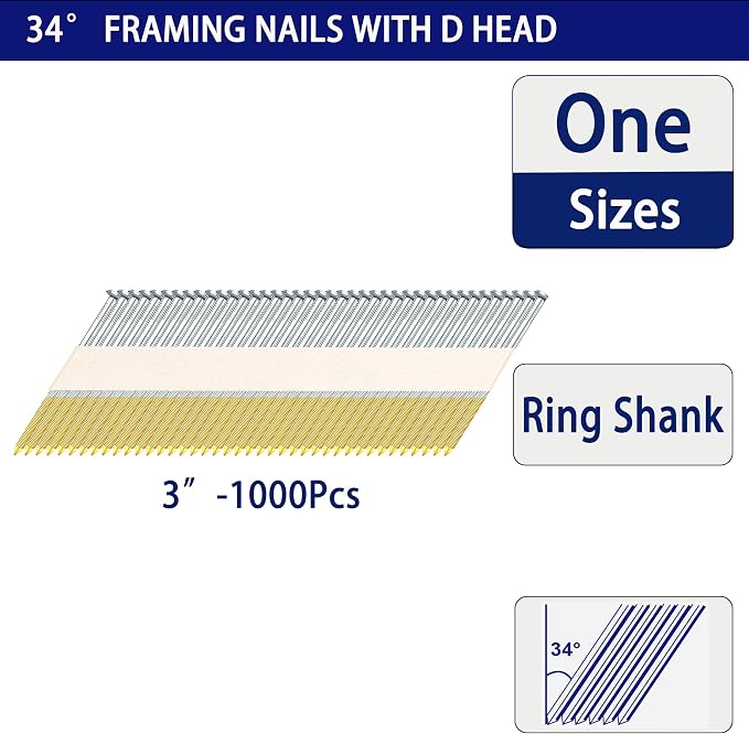 HW HAMWOO 34°Framing Nails,3",1000pcs | Hot Dipped Galvanized, Ring Shank
