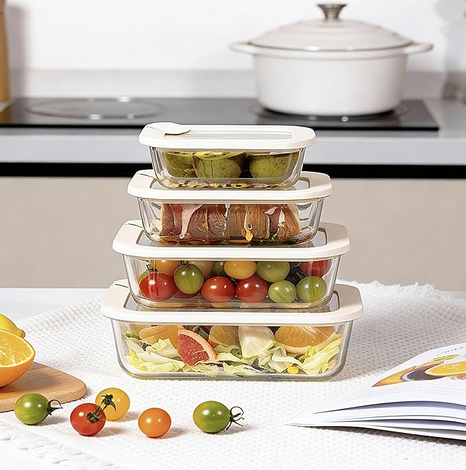 Glass Food Storage Containers with Glass Lids, Microwave Safe Food Container Set, Aitight Meal Prep Container Set, LeakProof, 100% Plastic Free, 4 Pack